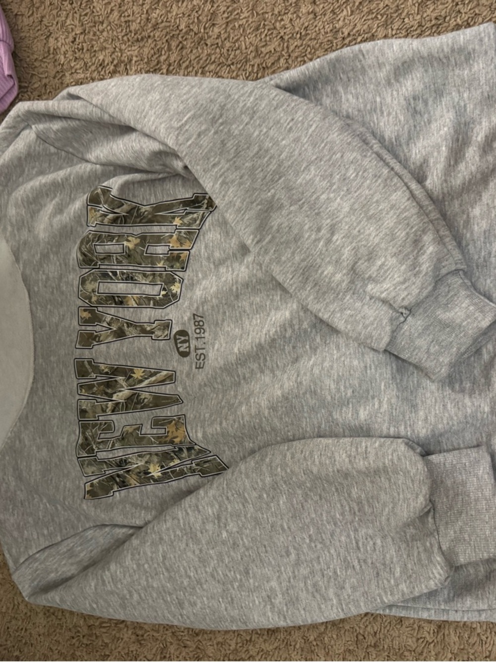 Gray Crewneck Sweatshirt with Camo Lettering